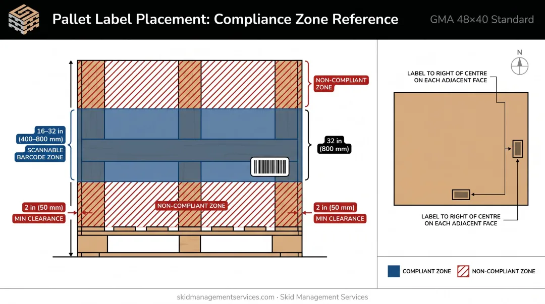 GS1 pallet label placement rules showing barcode height zones and edge clearance