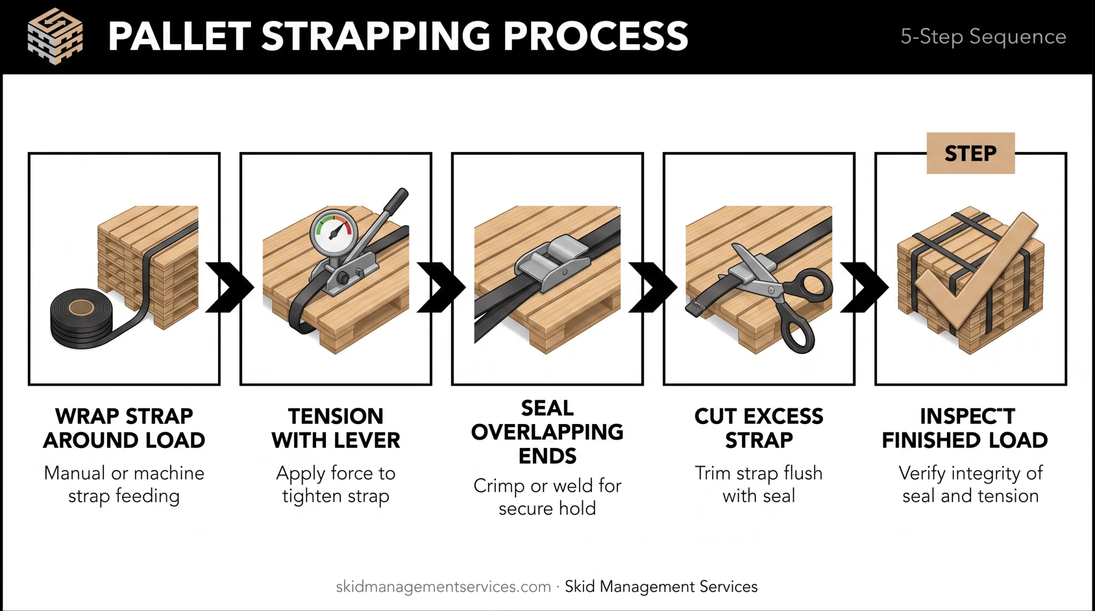 Step-by-step pallet strapping process from wrapping to inspection