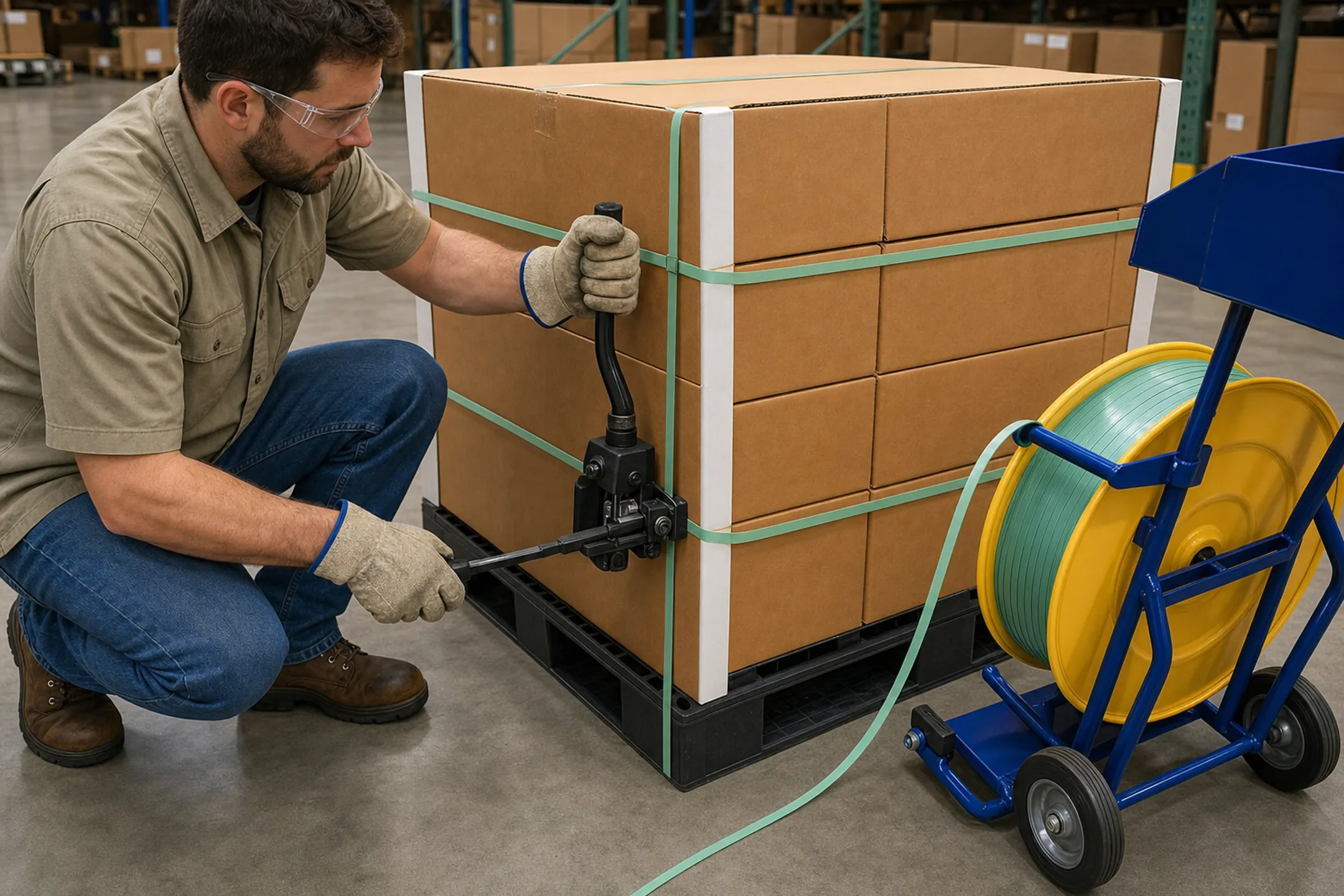 Warehouse worker tensioning steel strap around palletized load with PPE