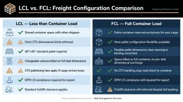 LCL versus FCL ocean freight pallet requirements side-by-side comparison infographic