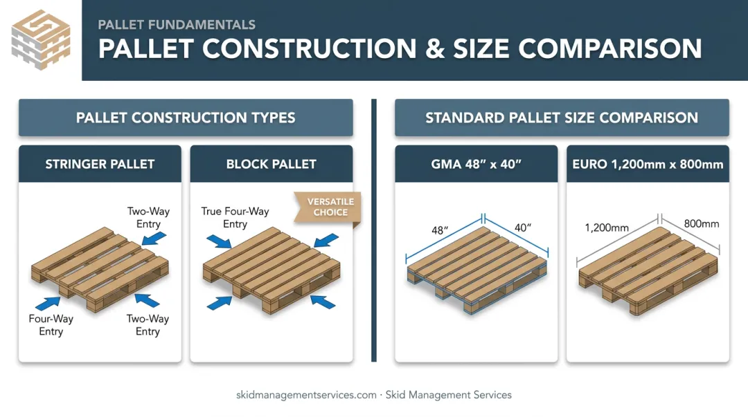 Stringer vs block pallet construction and GMA vs Euro size comparison infographic