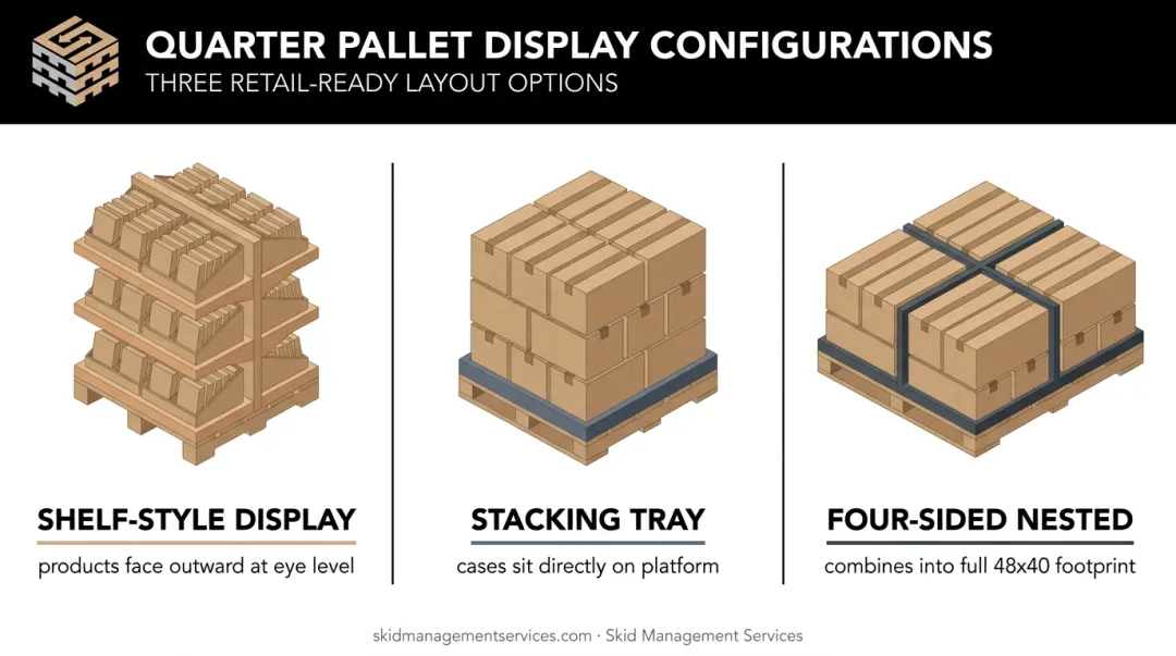 Three quarter pallet display format types shelf stacking and nested configurations