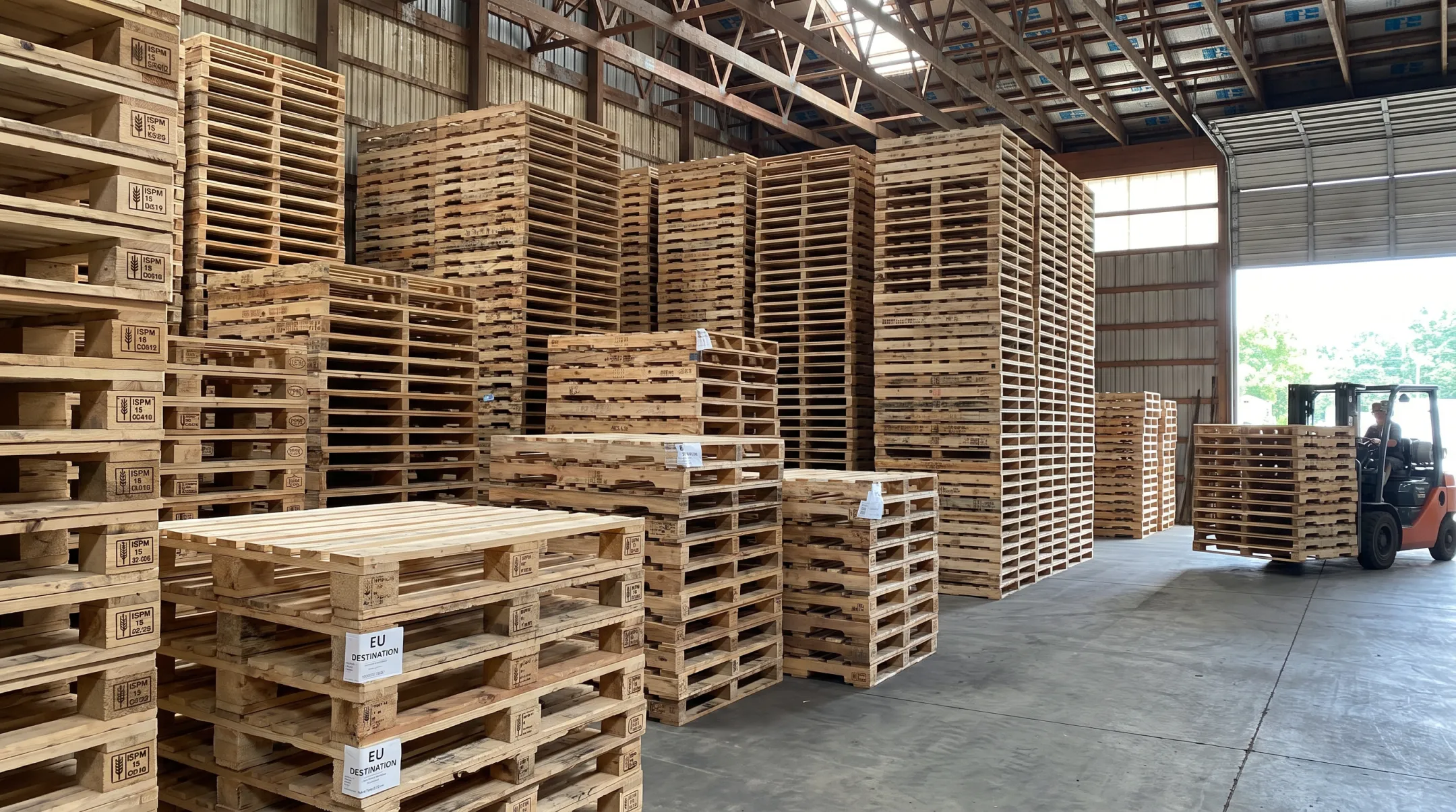 Heat-treated ISPM 15 stamped export pallets stacked in warehouse inventory