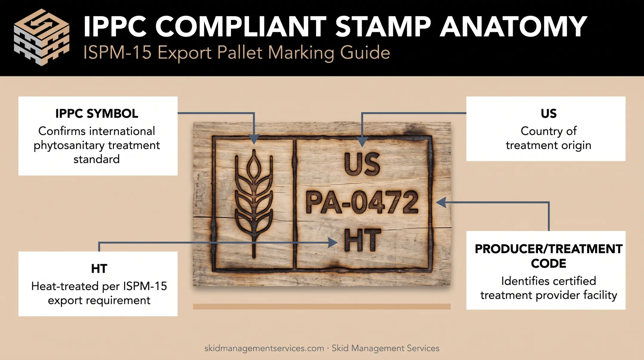 IPPC stamp components diagram showing symbol country code and treatment method