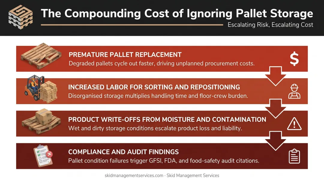 Four cascading costs of poor pallet storage practices infographic