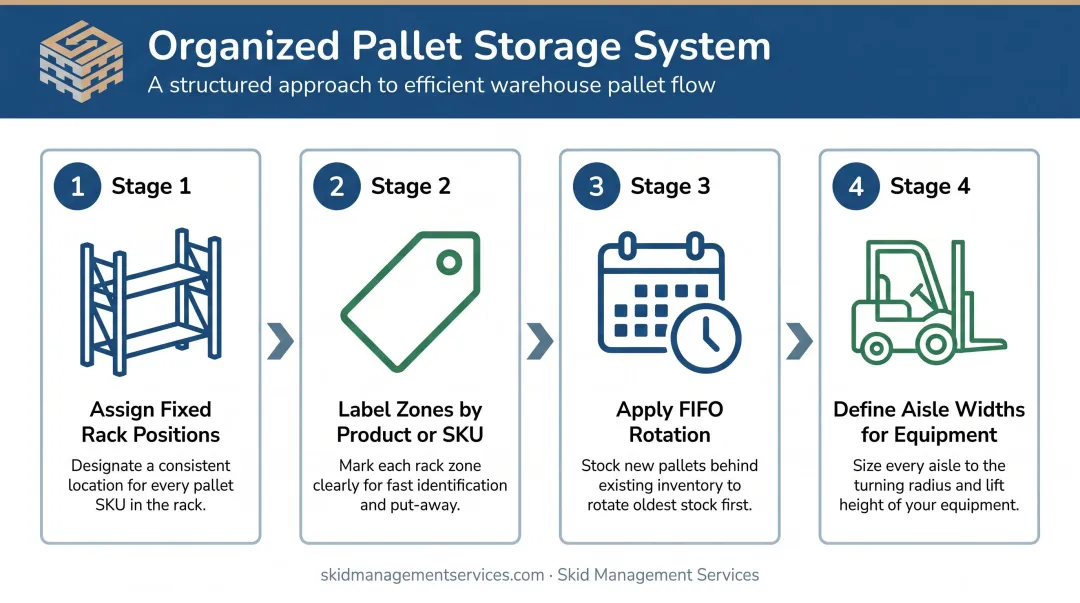 Four-step warehouse pallet organization system using FIFO zoning and labeling