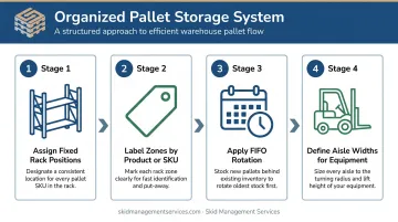 Four-step warehouse pallet organization system using FIFO zoning and labeling
