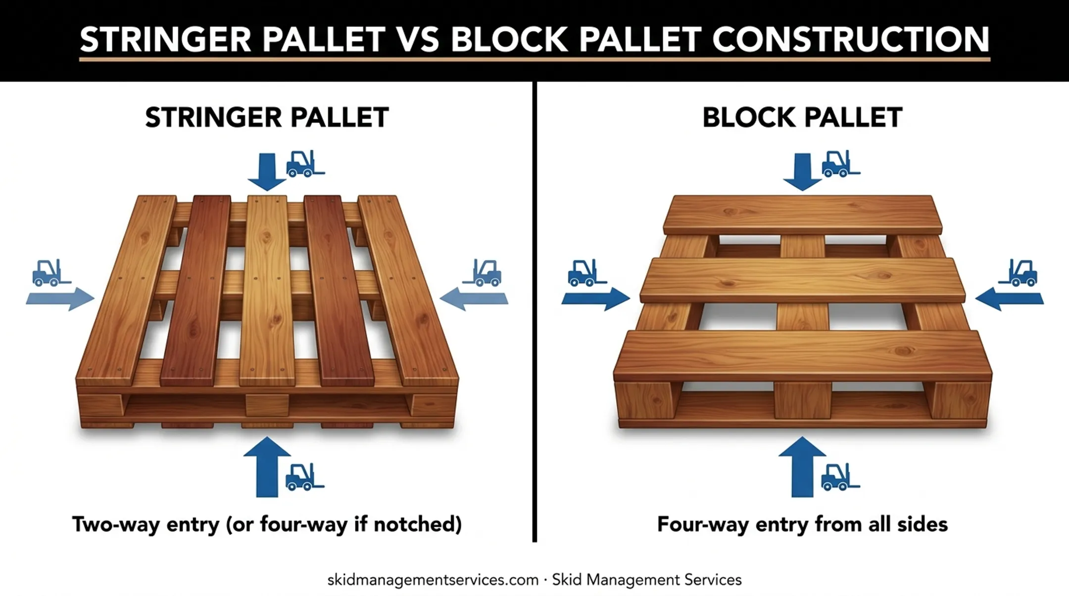 Stringer versus block pallet construction comparison with forklift entry points