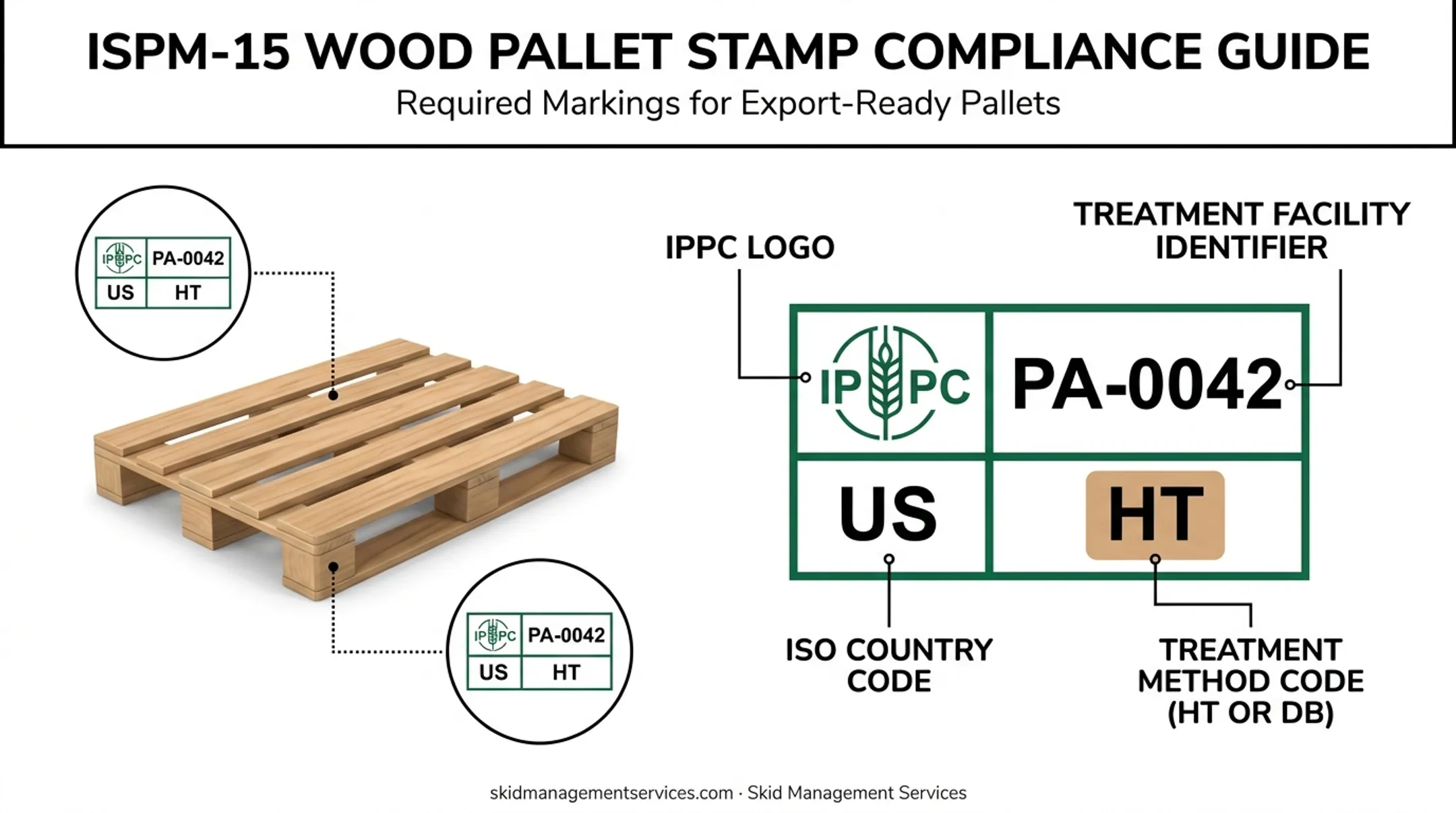 ISPM-15 compliance stamp elements required on export wood pallets
