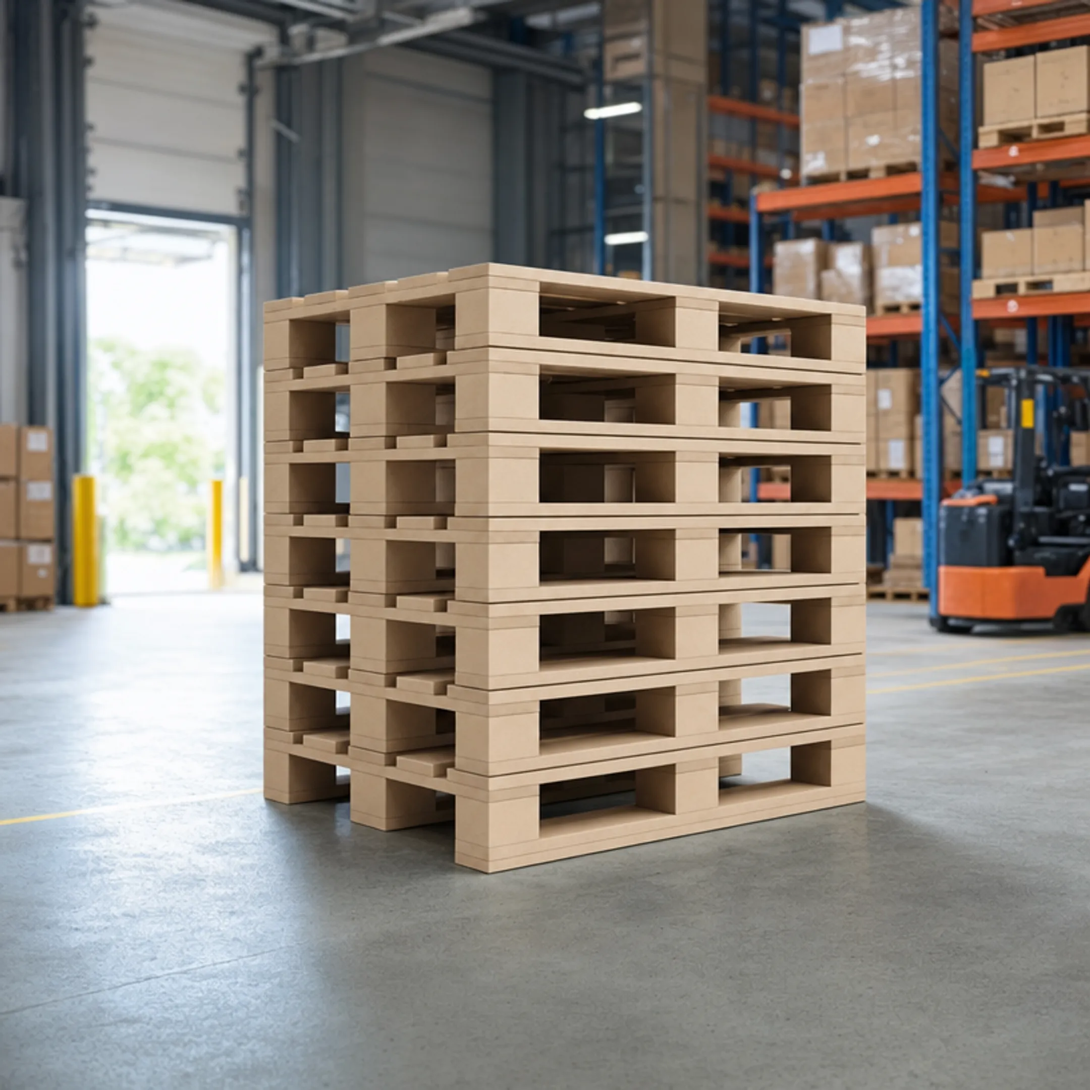 Stacked wood pallets in industrial warehouse loading dock area