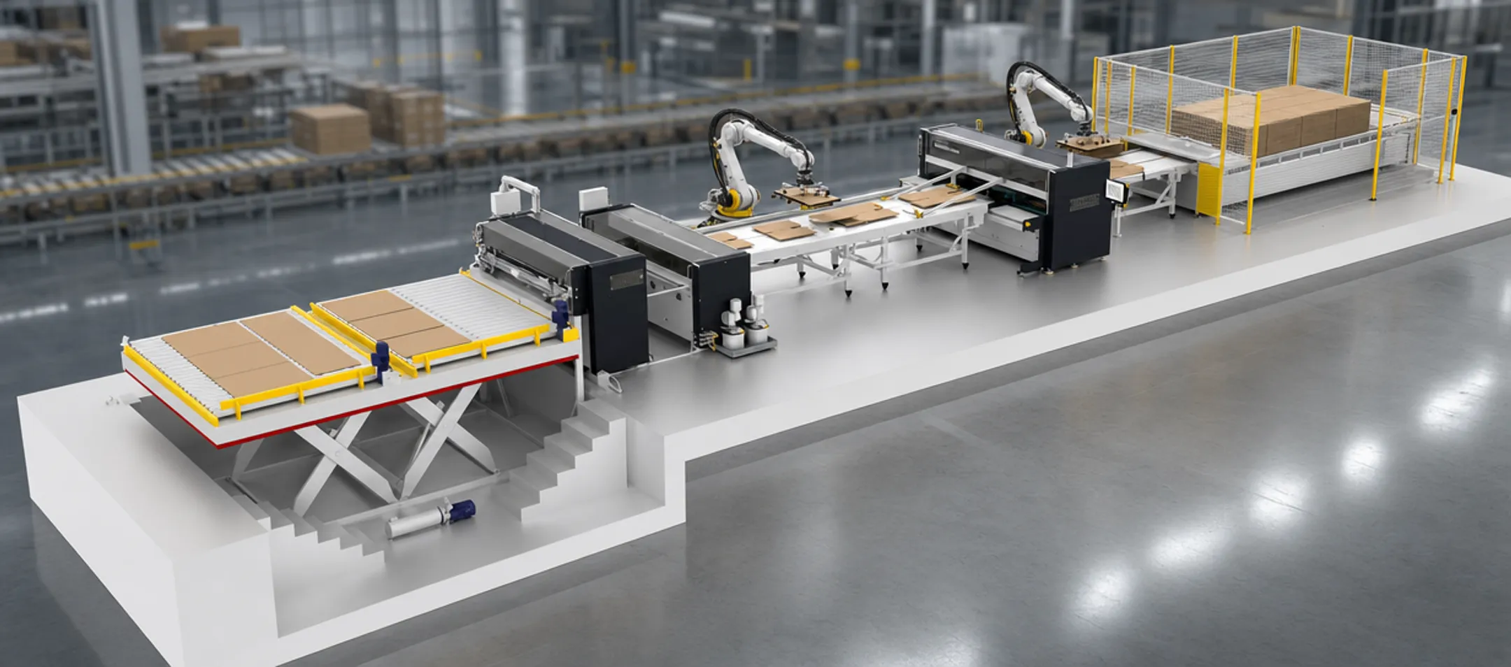 Automated corrugated box plant folder-gluer line with robotics