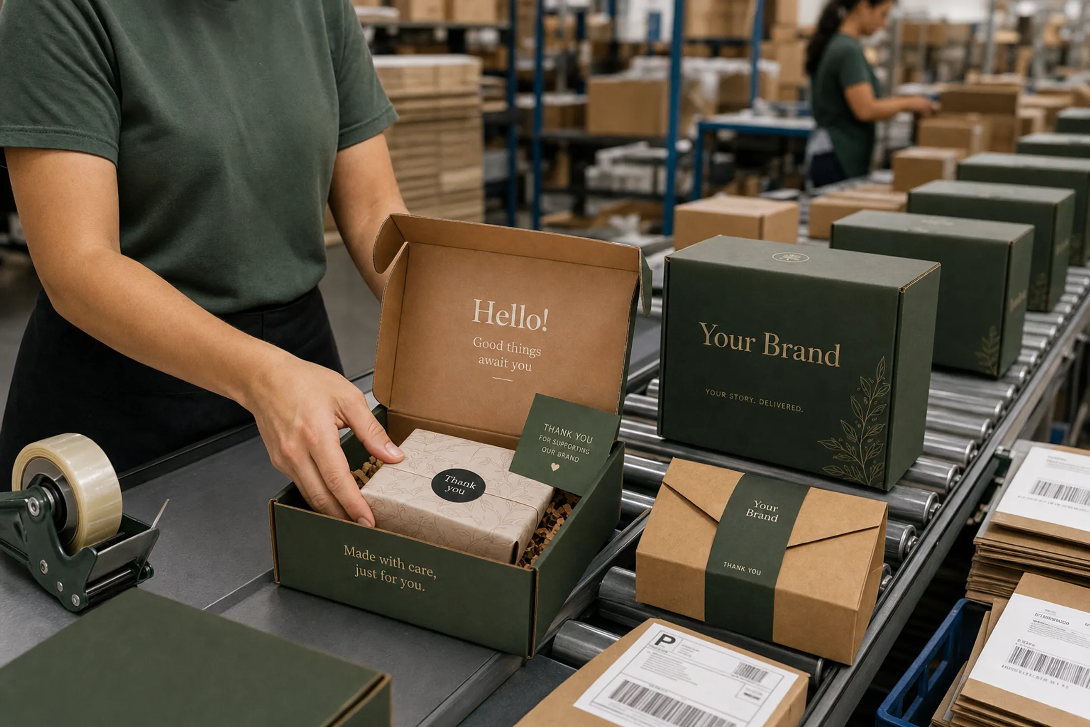 E-commerce fulfillment center packing custom-sized corrugated shipping boxes