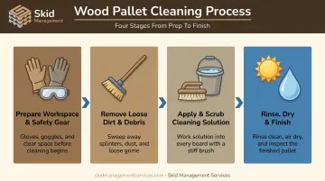 4-step wood pallet cleaning process from prep to final drying
