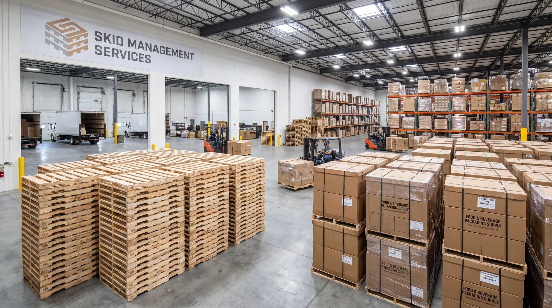 Skid Management Services warehouse with wood pallets and corrugated boxes inventory