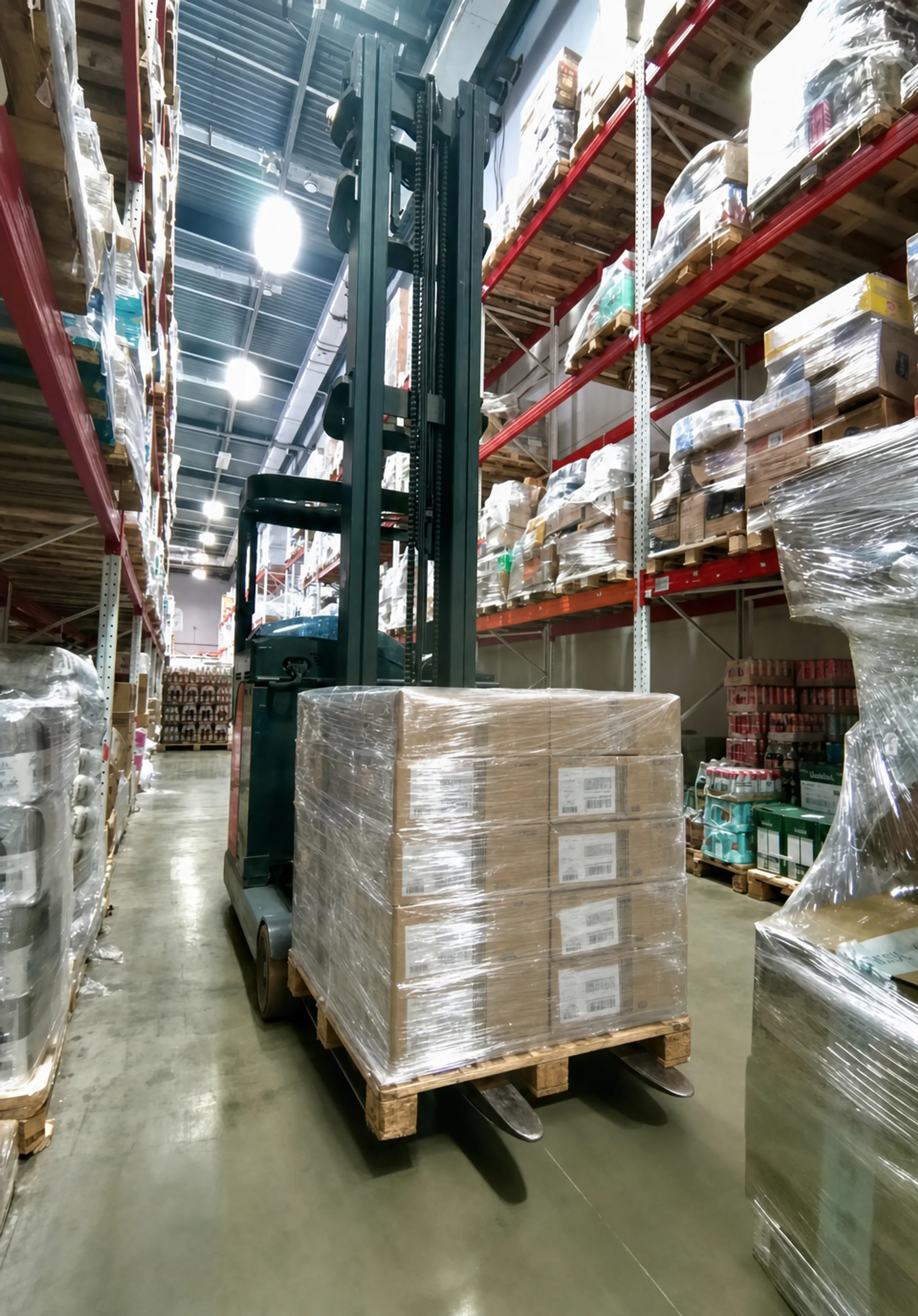 Forklift moving covered pallet load through warehouse racking aisle