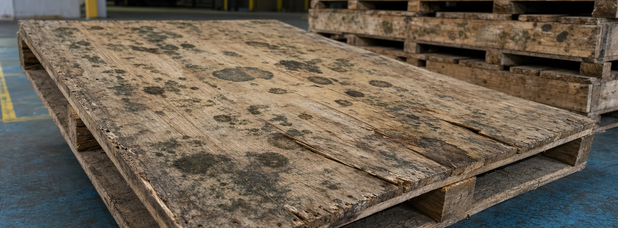 Mold growth and warping damage on wet wood pallet surface