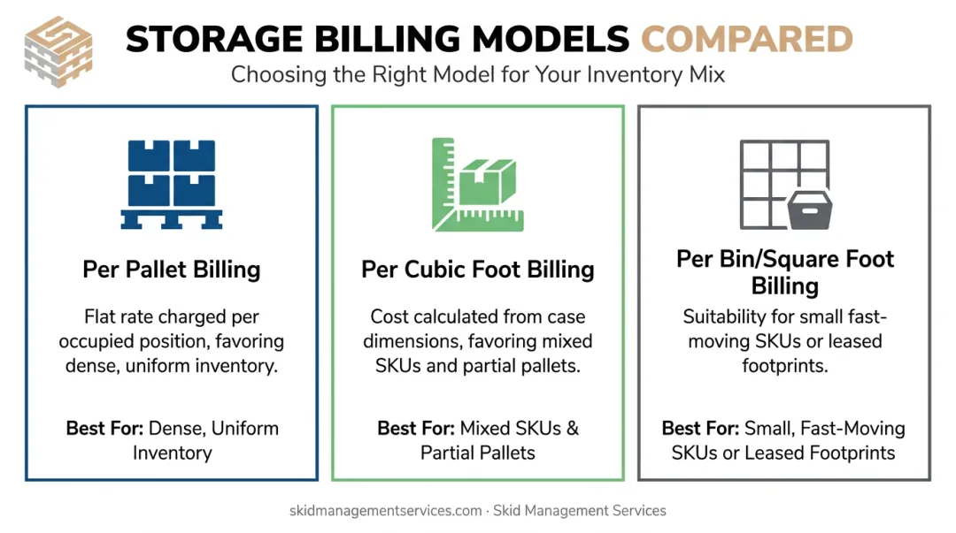 Per pallet versus cubic foot versus bin storage billing comparison