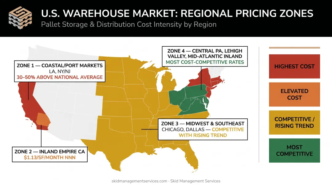 U.S. 3PL warehouse location pricing map comparing coastal inland and midwest rates