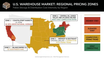 U.S. 3PL warehouse location pricing map comparing coastal inland and midwest rates