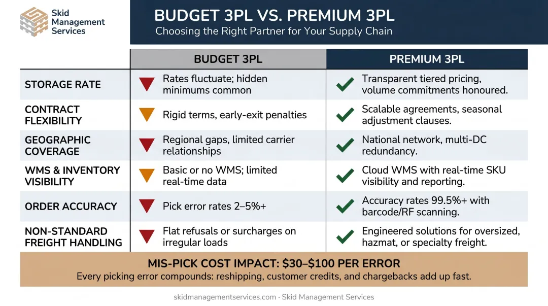Budget versus premium 3PL provider side-by-side comparison across six key dimensions
