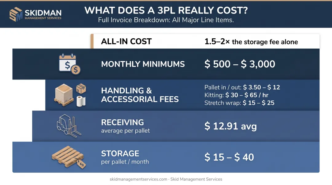 Complete 3PL monthly invoice fee breakdown showing storage receiving handling and accessorial costs