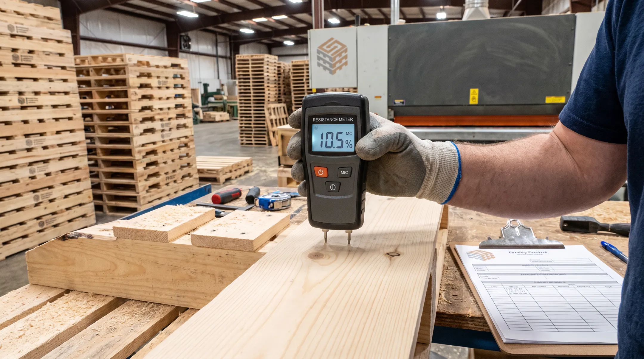 Moisture meter testing kiln-dried pallet boards at production facility