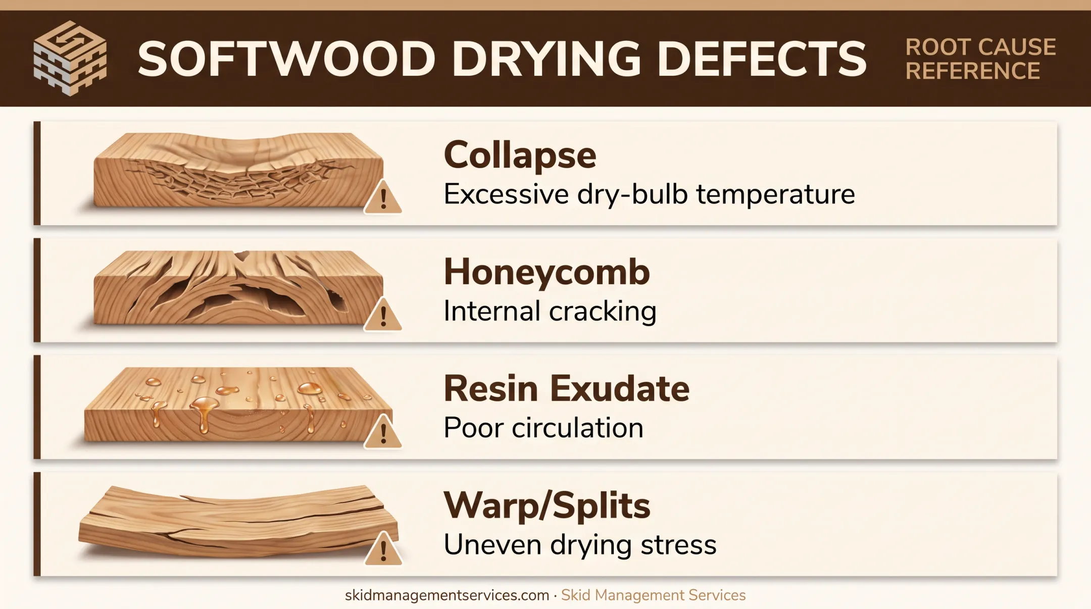 Common softwood kiln drying defects and their root causes chart