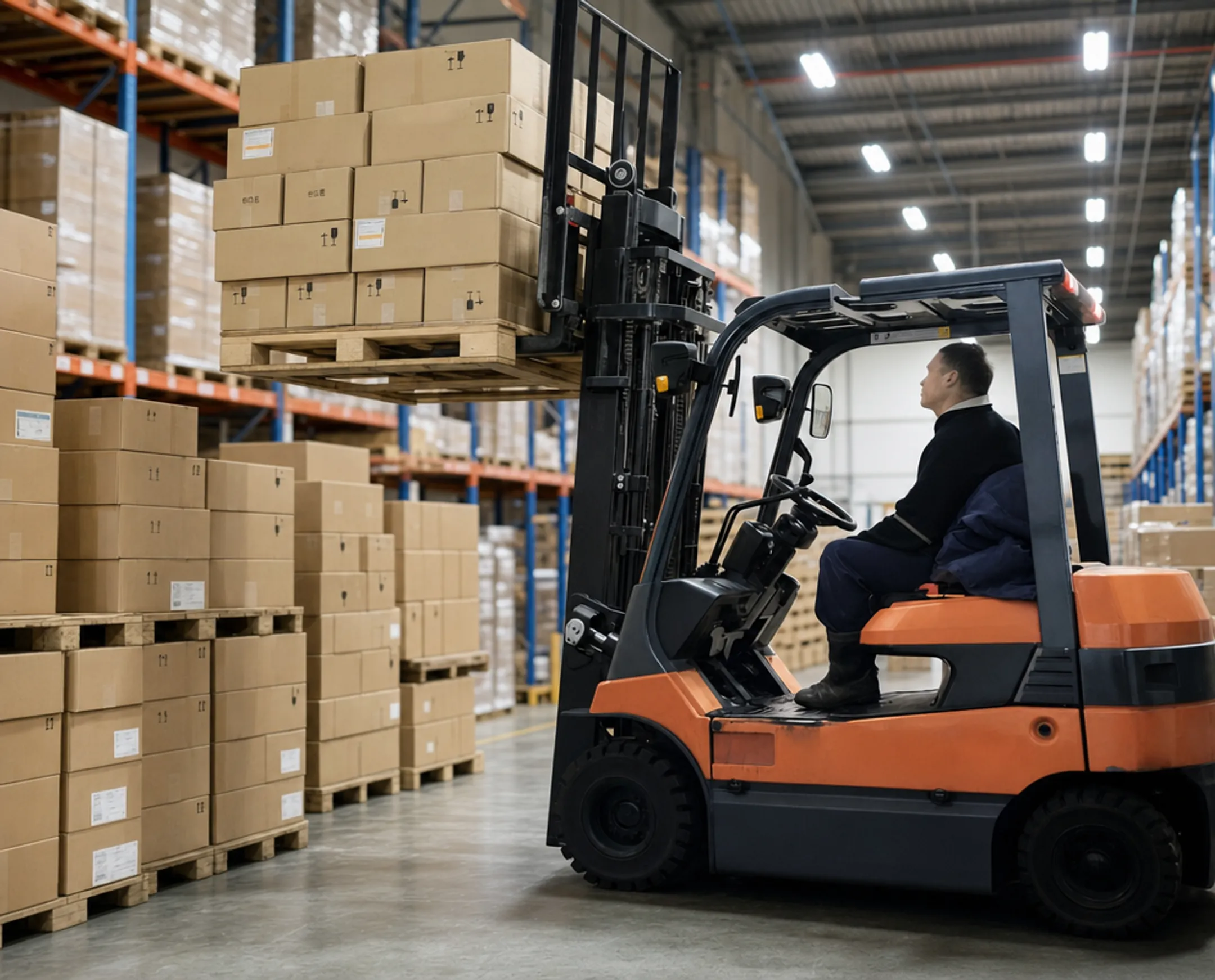 Warehouse forklift stacking pallets loaded with boxed goods