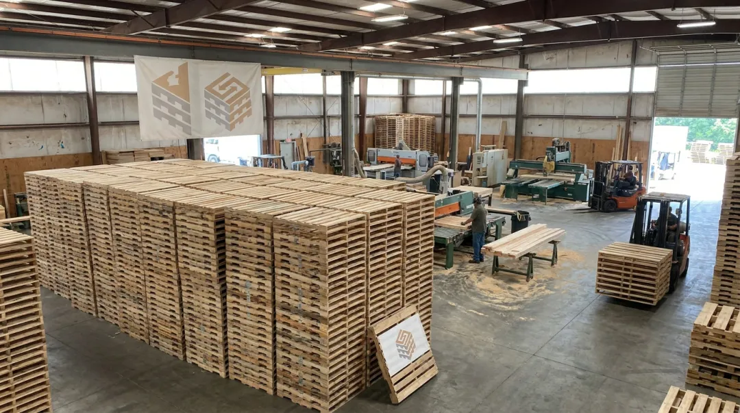 Pallet manufacturing facility producing consistent standardized wooden pallets stock