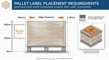Pallet label placement diagram showing height and edge clearance rules
