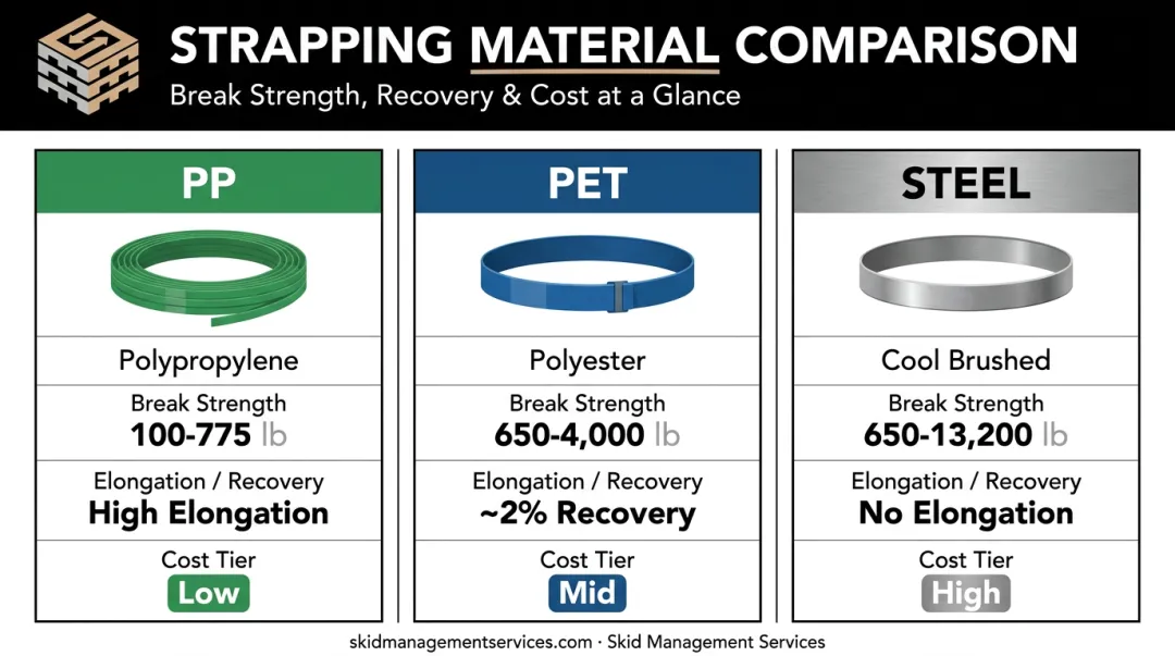 Comparison chart of polypropylene polyester and steel strapping break strength and elongation