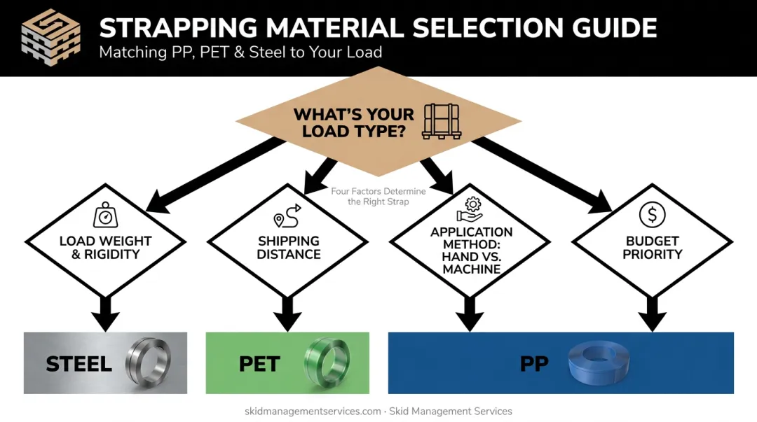 Decision flowchart for choosing the right pallet strapping material by load type