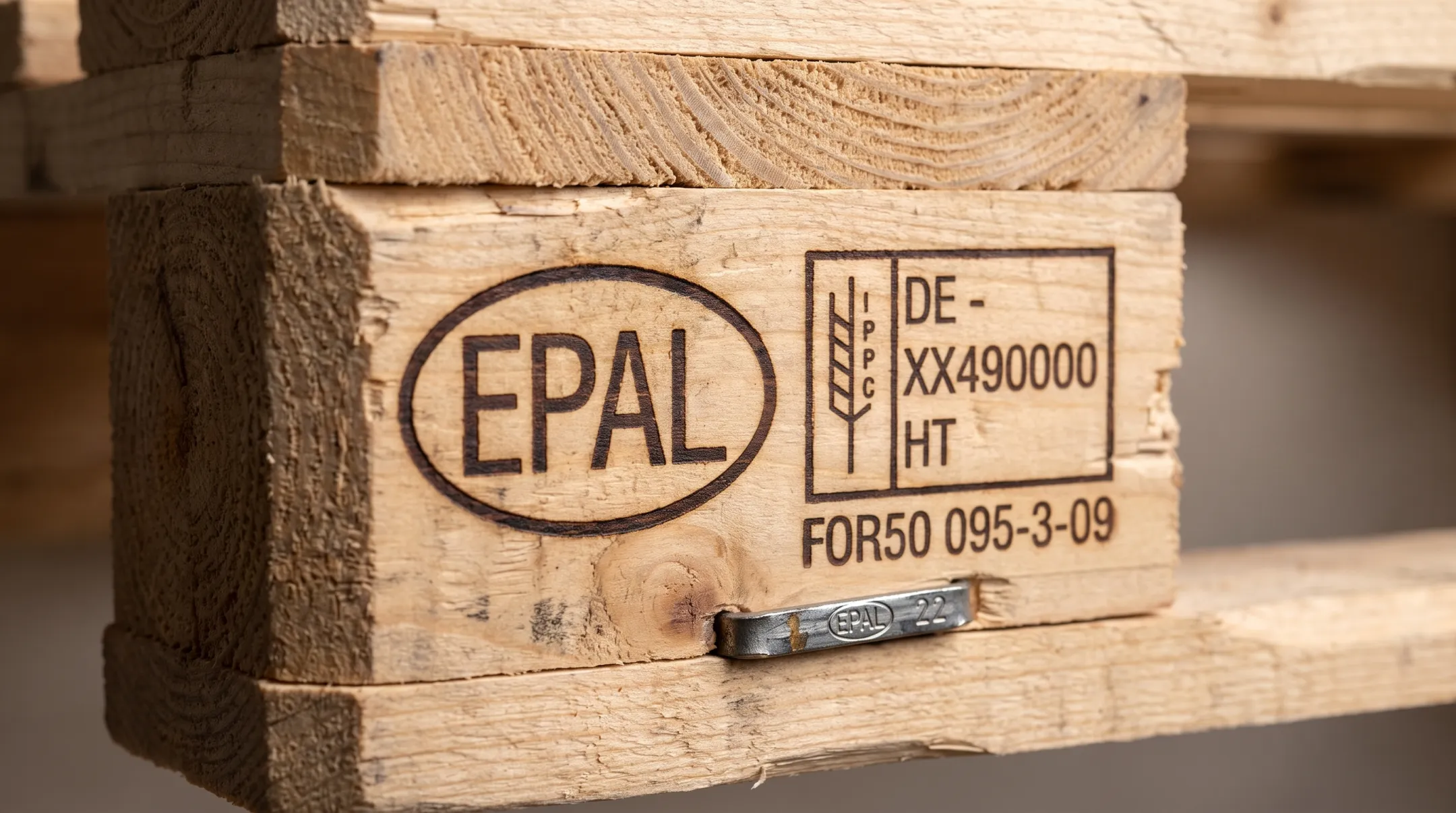 EPAL certified wooden pallet corner block showing oval stamp and markings