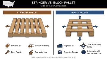 Stringer versus block pallet side-by-side structural comparison infographic