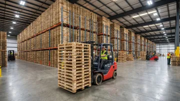Domestic warehouse distribution center with standard forklift moving stringer pallets