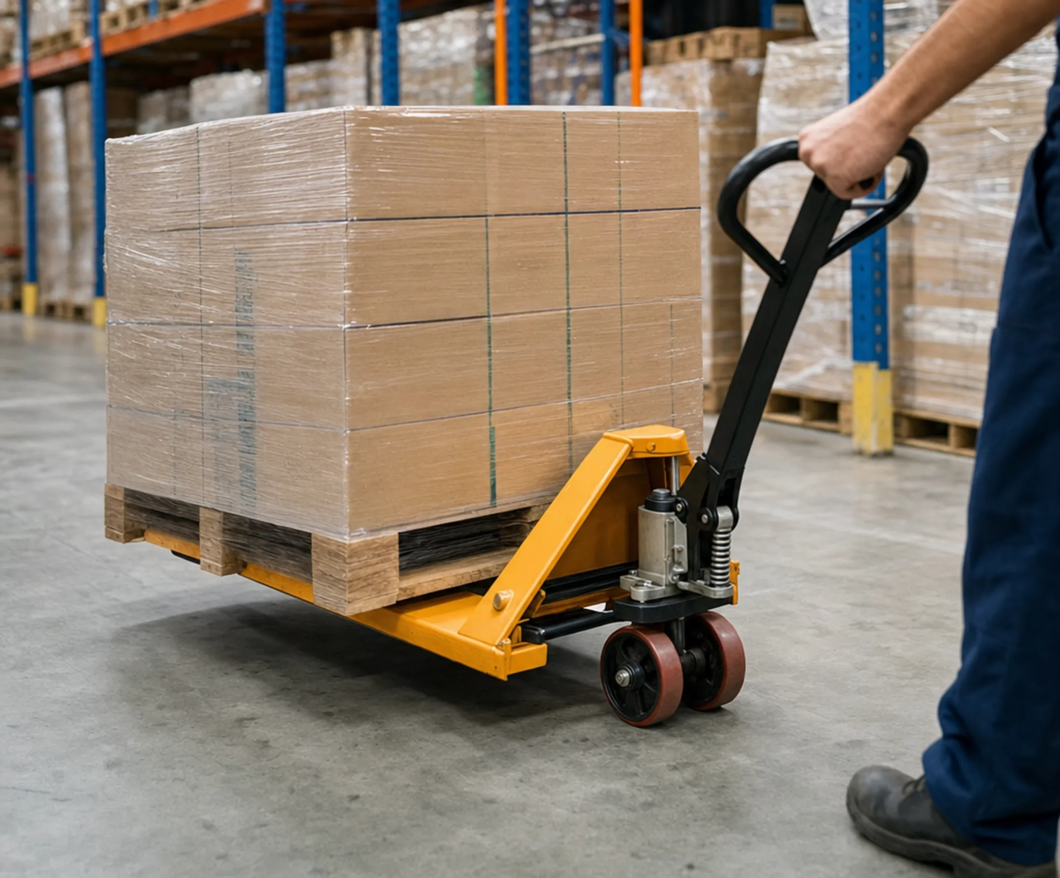 Manual pallet jack lifting loaded wooden pallet in warehouse aisle