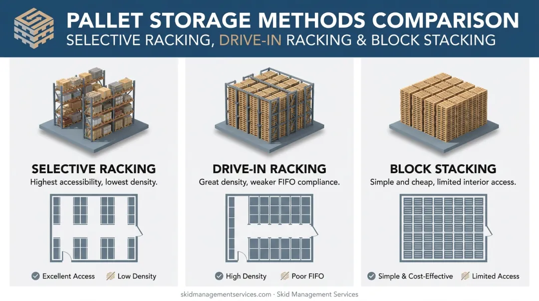 Selective drive-in and block stacking pallet storage method comparison