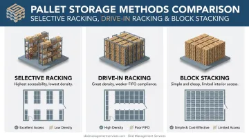 Selective drive-in and block stacking pallet storage method comparison