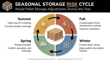 Four-season outdoor pallet storage risk and adjustment infographic