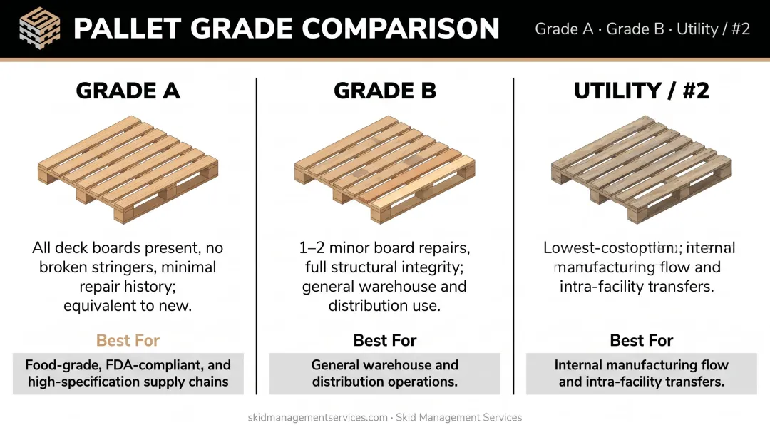 Three-tier recycled pallet grade comparison chart Grade A B and Utility