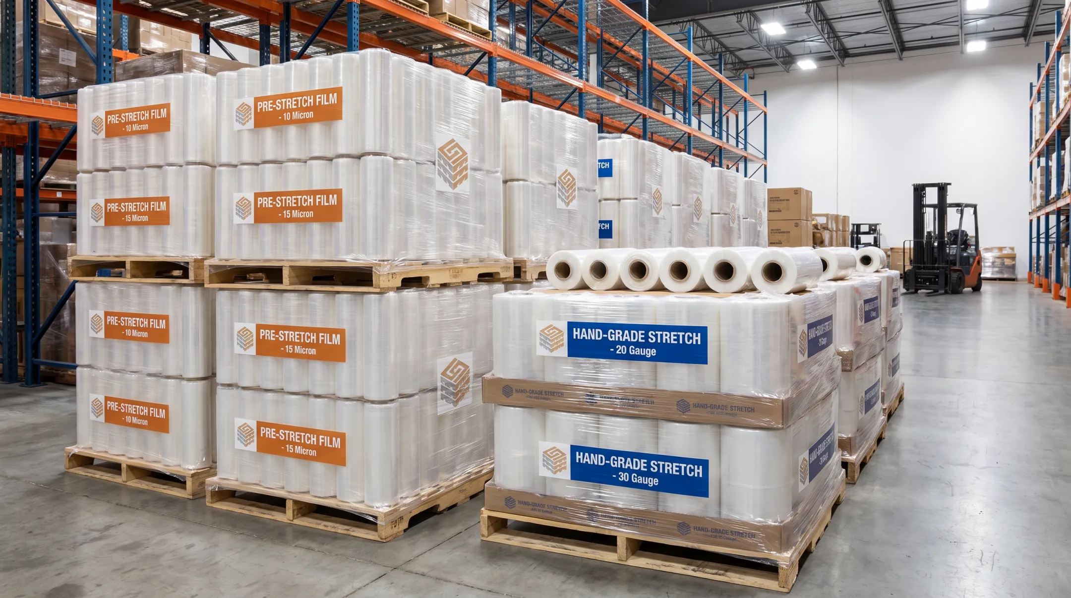Warehouse packaging materials stock featuring pre-stretch and hand-grade roll film