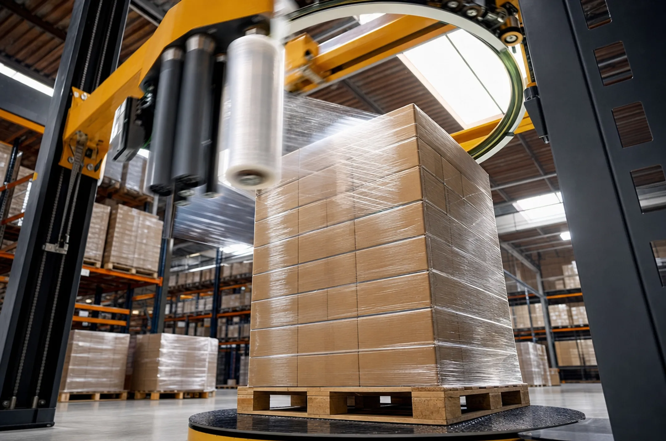 Warehouse worker operating automated stretch wrap machine on palletized load