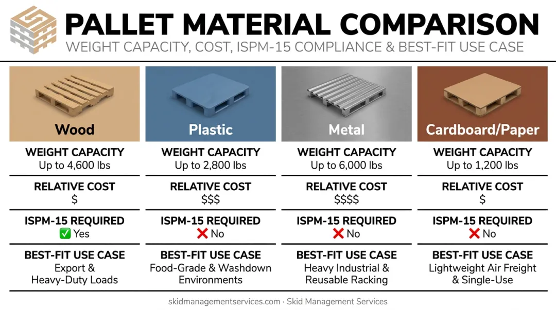 Comparison of wood plastic metal and cardboard pallet materials for export