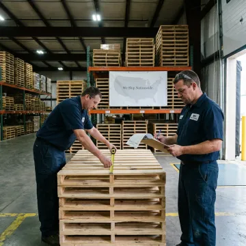 Warehouse team reviewing custom pallet inventory