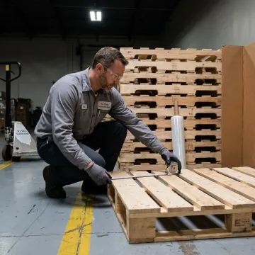 Worker measuring a custom wood pallet