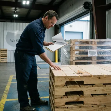 Worker inspecting custom wood pallets