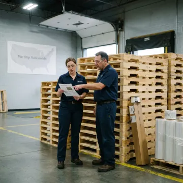 Warehouse team reviewing pallet specifications