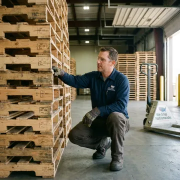 Warehouse worker inspecting used pallets