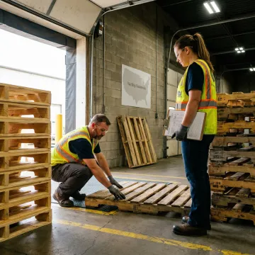 Warehouse team organizing wood pallets for distribution