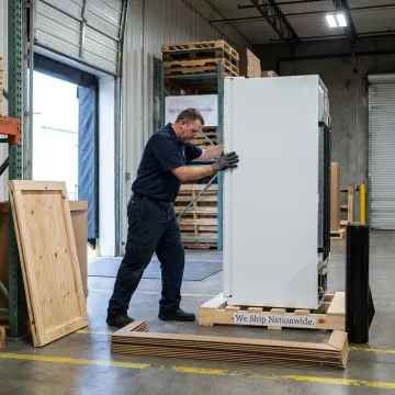 Warehouse team preparing appliance freight on custom pallet